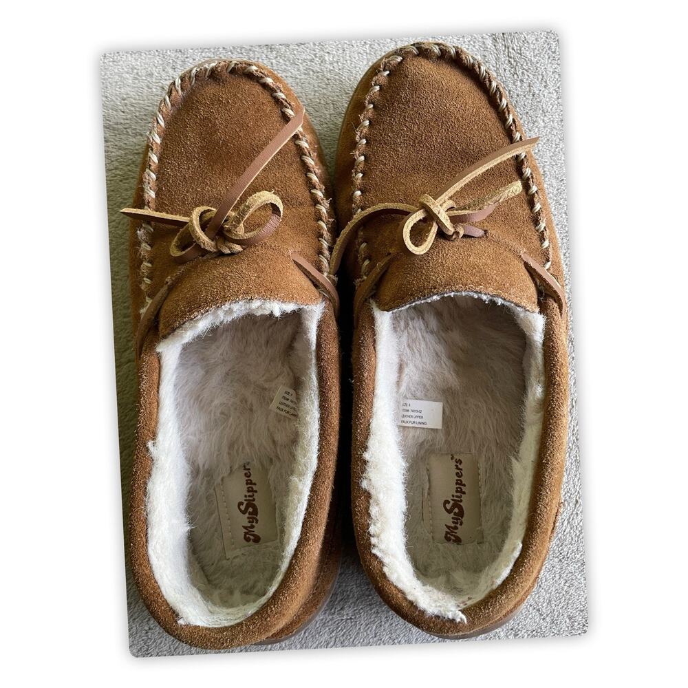 MySlippers Women’s Size 8 Suede Moccasin Slippers Faux Fur Lined Brown Cozy